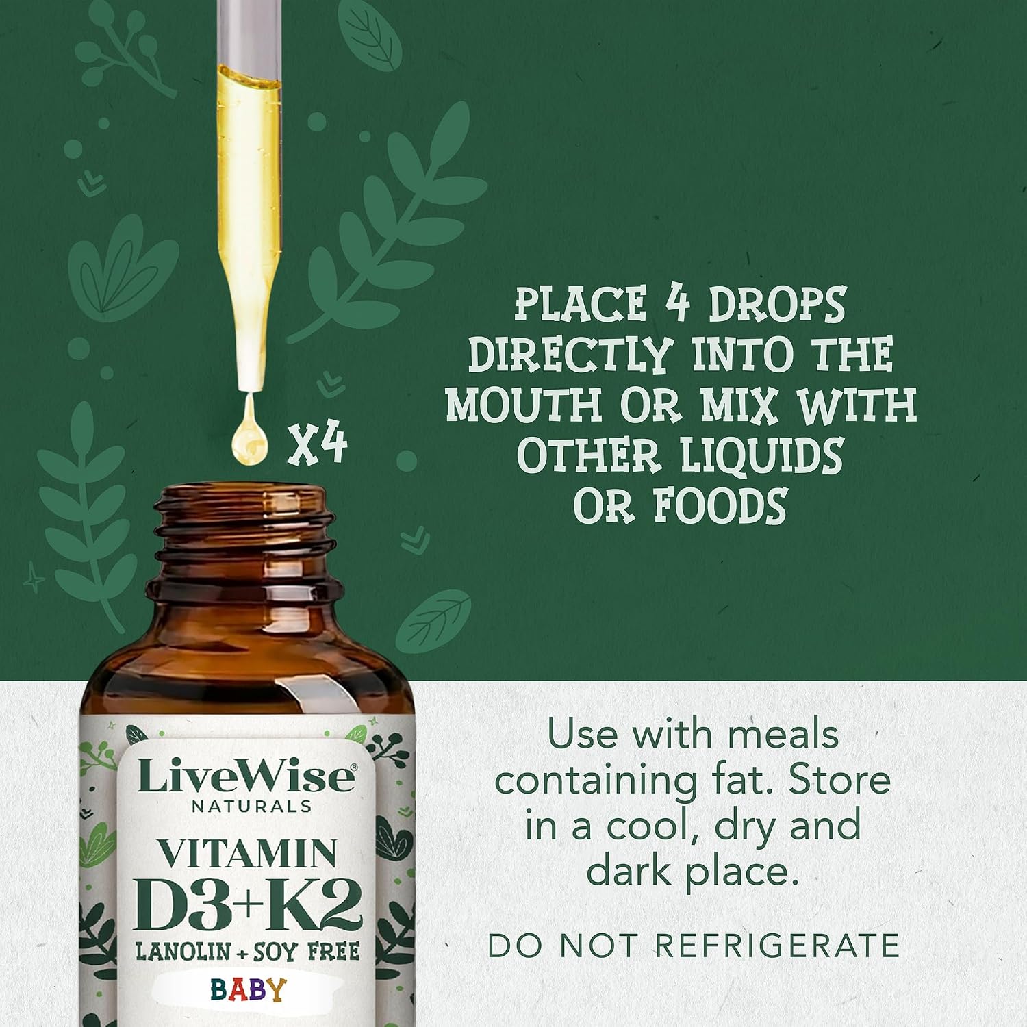 Live Wise Naturals Gotas Orgánicas de Vitamina D3 y K2 para Bebés (MK-7) - 225 Servicios