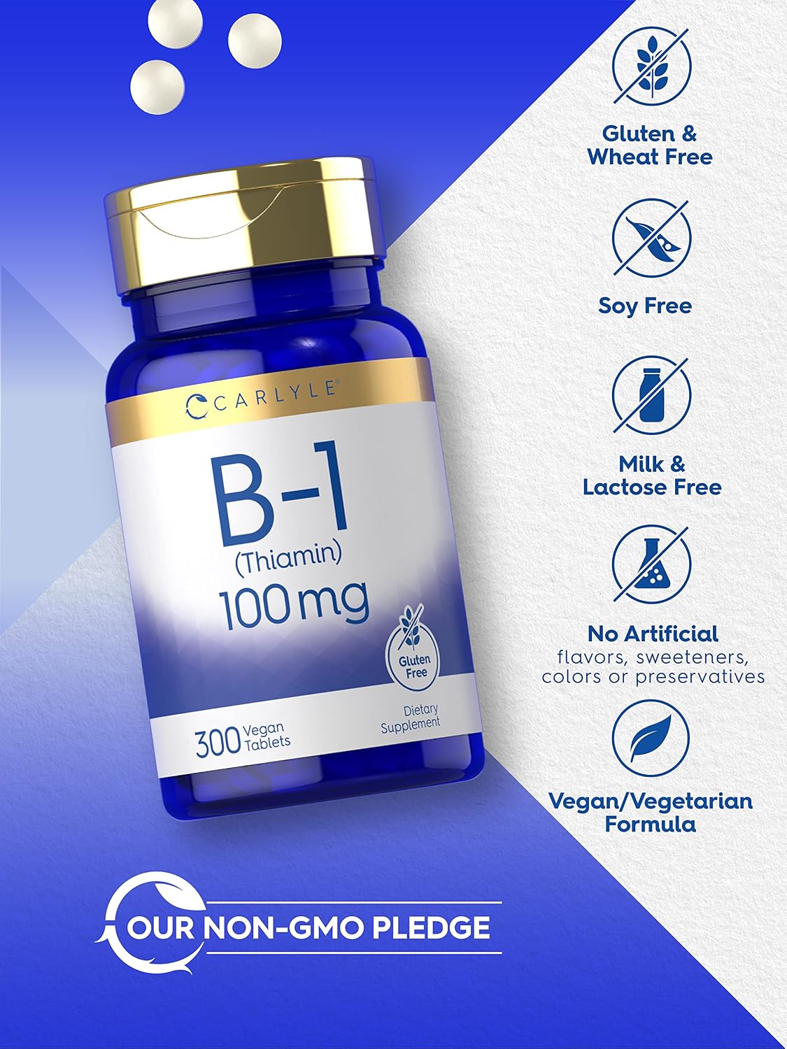 Carlyle B1 Vitamina 100 mg | 300 Comprimidos | Complemento para Mujeres y Hombres | Como Clorhidrato de Tiamina | Vegano, No Transgénico y Sin Gluten