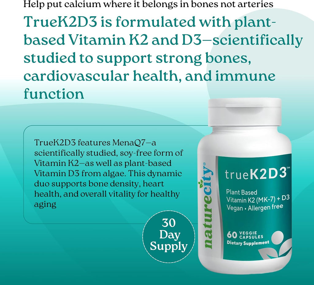 NatureCity TrueK2D3 - Vitamina K2 MK-7 (90 mcg) y D3 de Algas (2500 UI) - 60 Cápsulas Vegetales