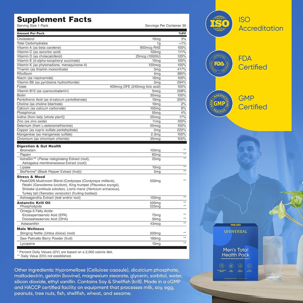 Universal U Men's Total Health Vitamin Packs - 30 Sobres Diarios