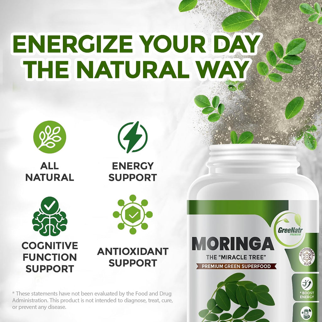 Cápsulas de Moringa Oleifera Pura - Superalimento Verde con Vitamina C, Omega 3 y Aminoácidos - 60 Cápsulas