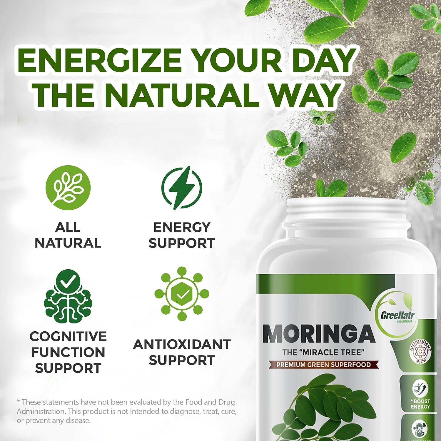 Cápsulas de Moringa Oleifera Pura - Superalimento Verde con Vitamina C, Omega 3 y Aminoácidos - 60 Cápsulas