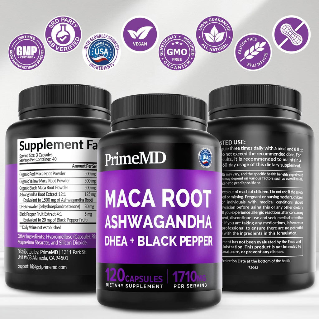 PrimeMD 6 en 1 Maca orgánica, Ashwagandha y DHEA en cápsulas 1710 mg con extracto de pimienta negra - Suplemento de maca negra para hombres y mujeres, 120 cápsulas (Pack de 3)