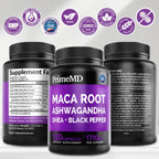 PrimeMD 6 en 1 Maca orgánica, Ashwagandha y DHEA en cápsulas 1710 mg con extracto de pimienta negra - Suplemento de maca negra para hombres y mujeres, 120 cápsulas (Pack de 3)