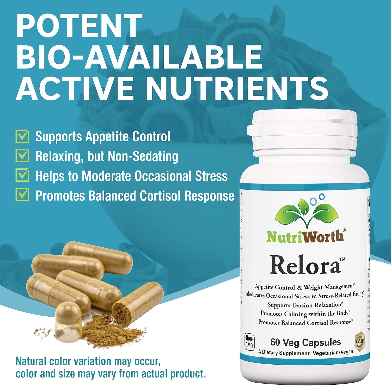 NutriWorth Relora - Complemento alimenticio con magnolia y phellodendron, 300 mg, 60 cápsulas vegetales