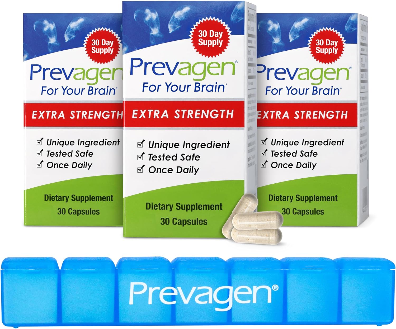 Prevagen Extra Strength - 90 Cápsulas (3 Meses) | Formulado para el Cerebro | 20 mg de Apoaequorin + Vitamina D3 con Organizador Semanal