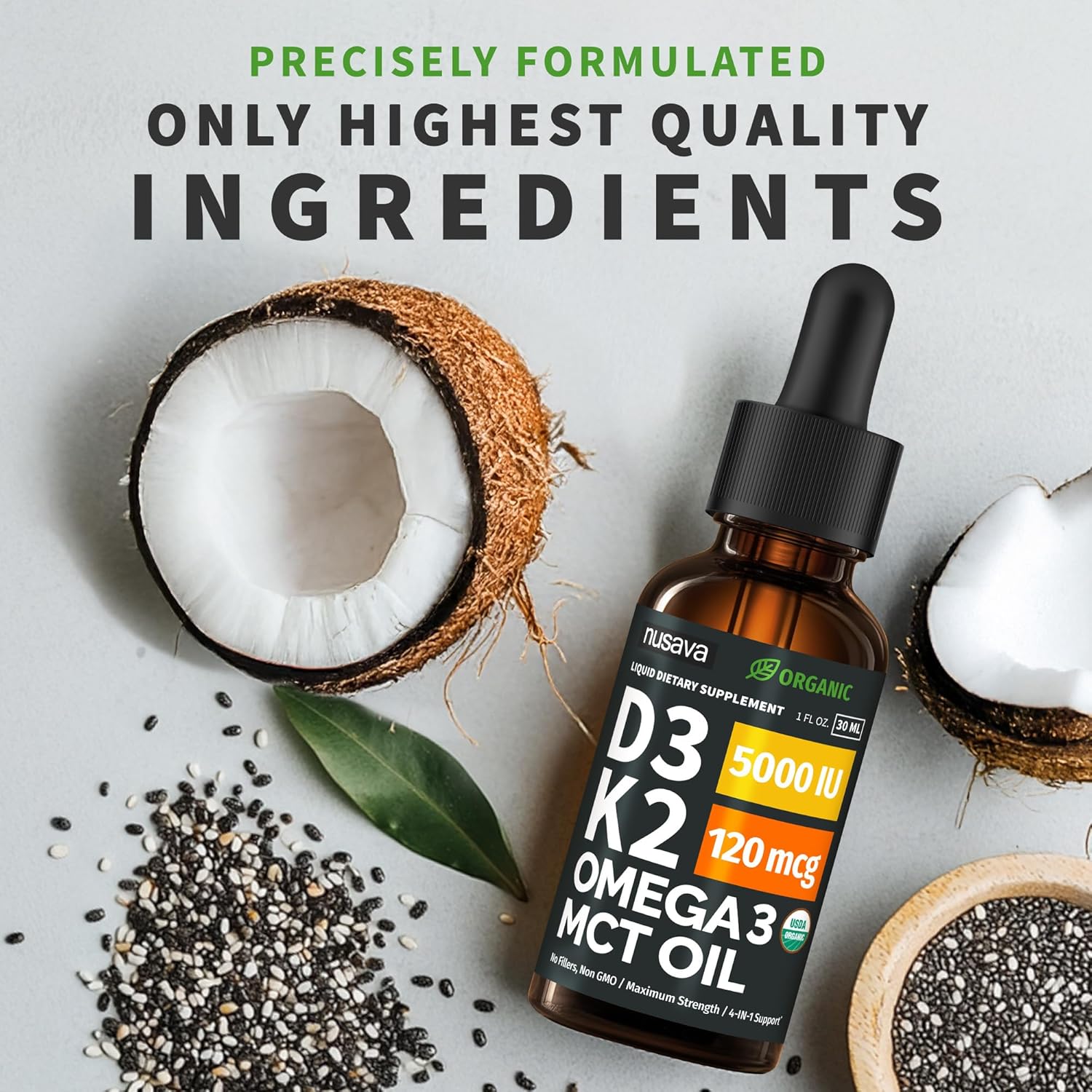 Organic Vitamin D3 K2 Drops con MCT Oil y Omega 3 - Gotas Líquidas de Vitamina D3 5000 UI - Suplemento de Vitamina K2 D3 - Sin Rellenos, No GMO (Pack de 2, 60 ml)