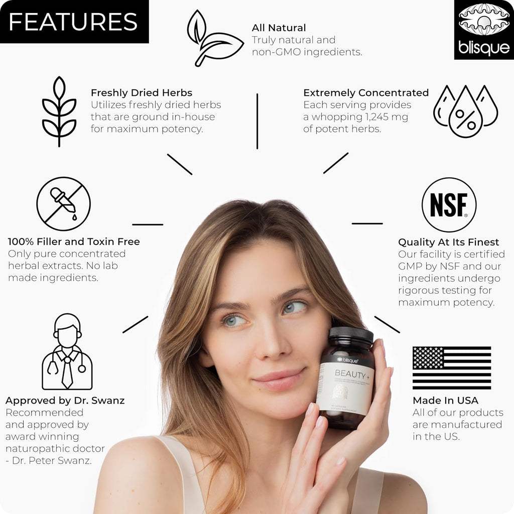 Blisque BEAUTY+ - Biotina y Ácido Hialurónico para Cabello, Piel y Uñas