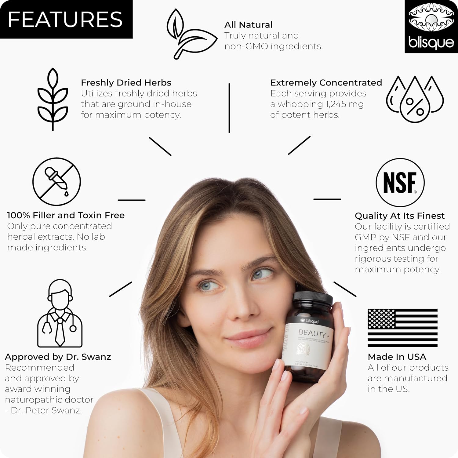 Blisque BEAUTY+ - Biotina y Ácido Hialurónico para Cabello, Piel y Uñas