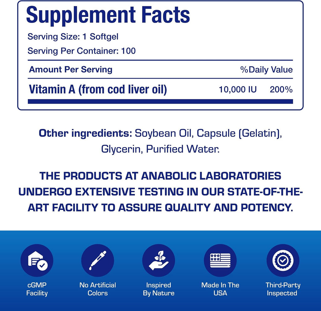Vitamina A 10000 UI - Suplemento de Aceite de Hígado de Bacalao con Retinoides de Amplio Espectro - 100 Cápsulas Blandas - Anabolic Laboratories