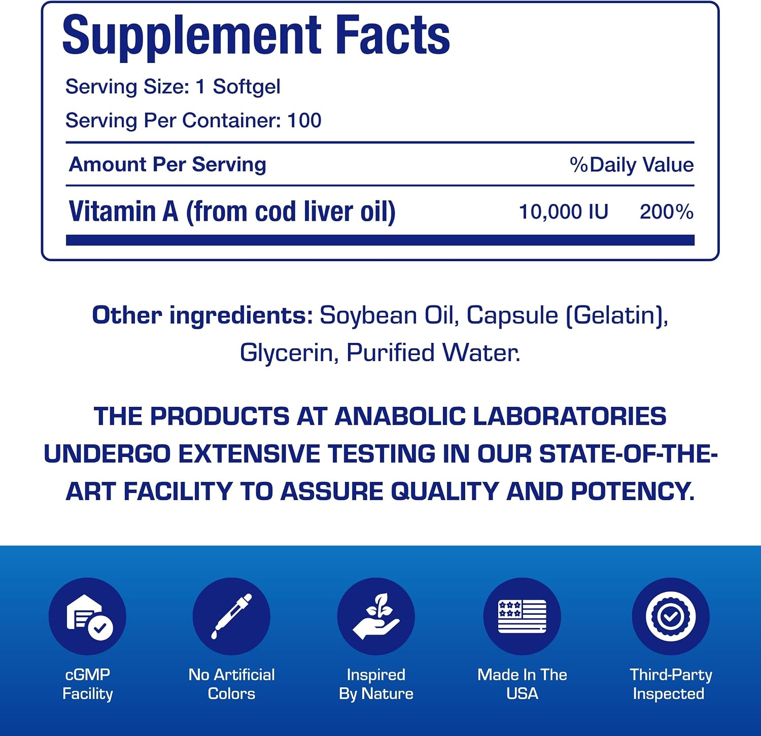 Vitamina A 10000 UI - Suplemento de Aceite de Hígado de Bacalao con Retinoides de Amplio Espectro - 100 Cápsulas Blandas - Anabolic Laboratories