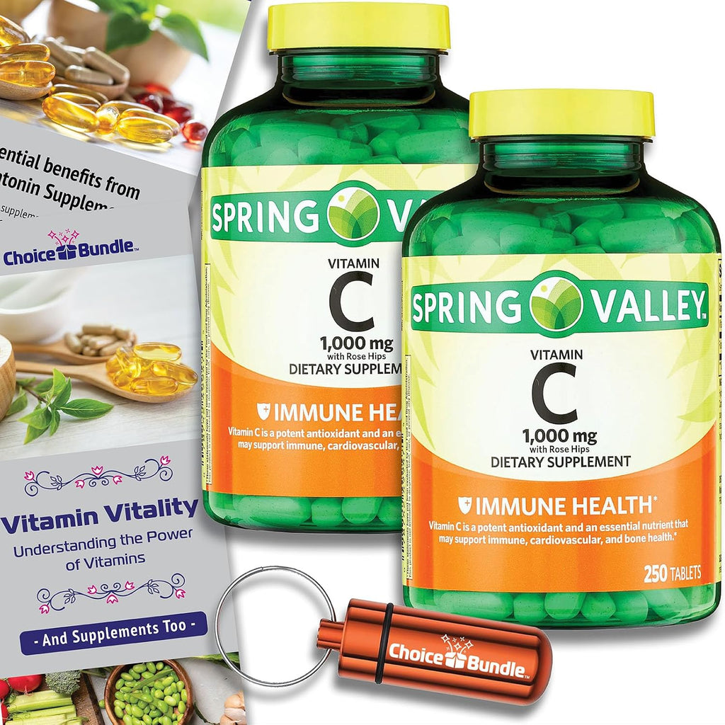 Choice Bundle Spring Valley Vitamina C 1000 mg Complemento Alimenticio Tabletas con Escaramujo 250 Ct 2 uds (500 Total) + Guía de Vitaminas y Pastillero Portátil (4 Artículos)