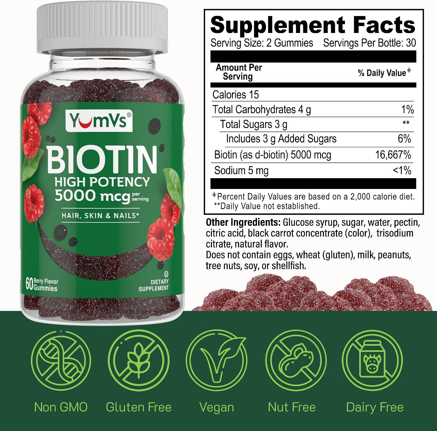 YUM-V'S YumVs Biotin Gummies 5000mcg - Sabor Frambuesa - 60 Gominolas (Envase de 2)