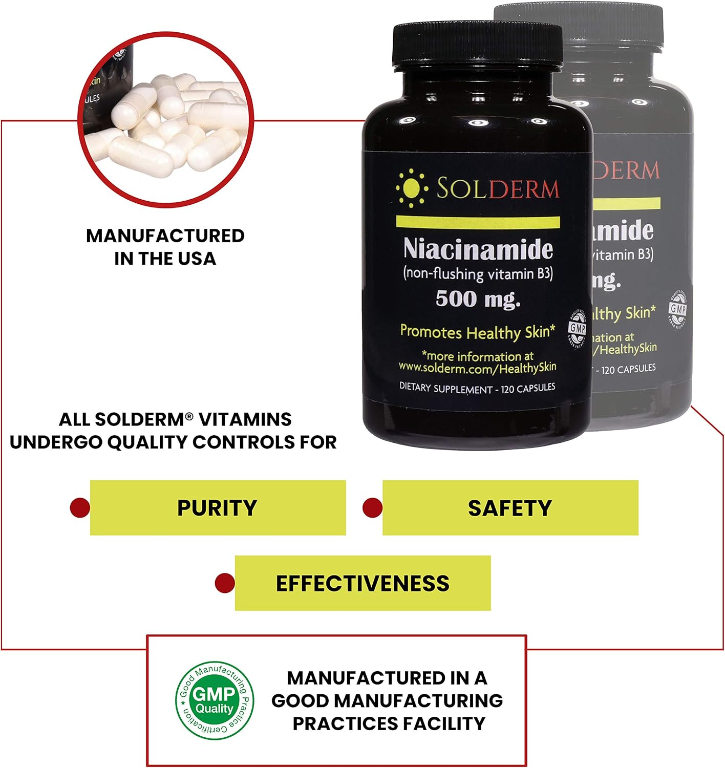 SOLDERM Niacinamide 500mg – No-Flush Vitamin B3, 120 Vegetarian Capsules