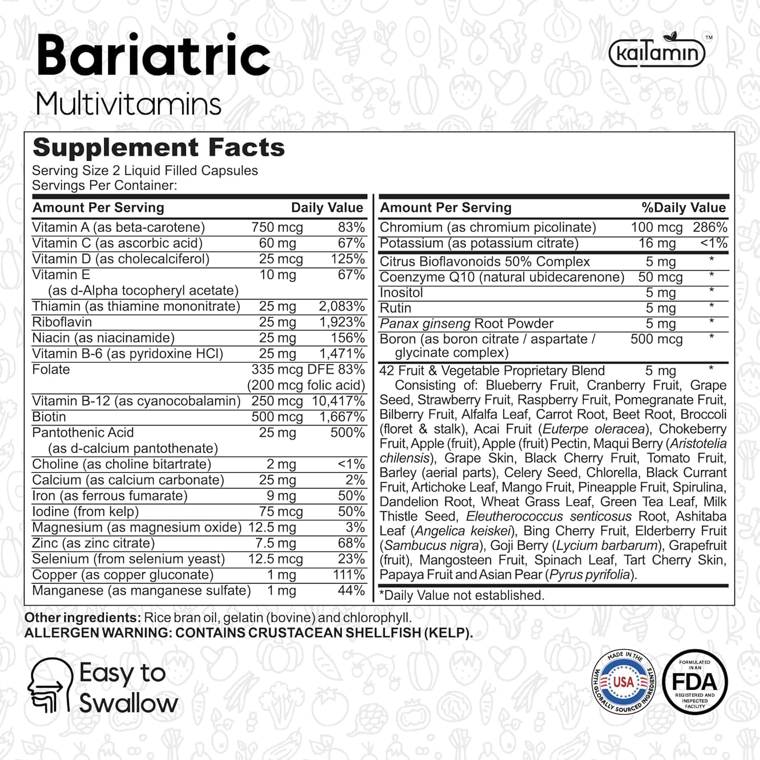 Kaitamin Multivitamínico Bariátrico con Hierro, 60 Cápsulas