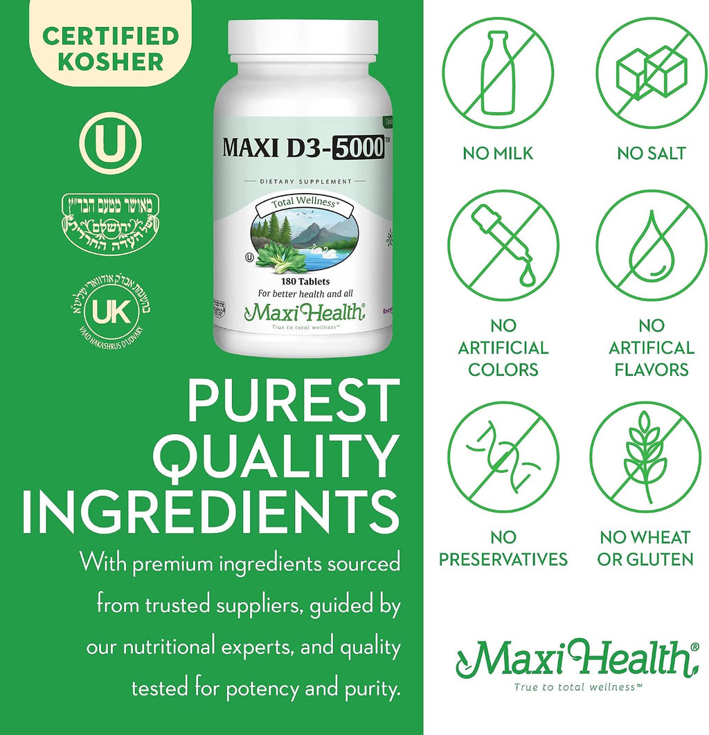 Vitamina D3 5000 UI (125 mcg) - Dosis Alta para Huesos, Dientes y Sistema Inmunológico - Suplemento Puro de Vitamina D3 - 180 Comprimidos