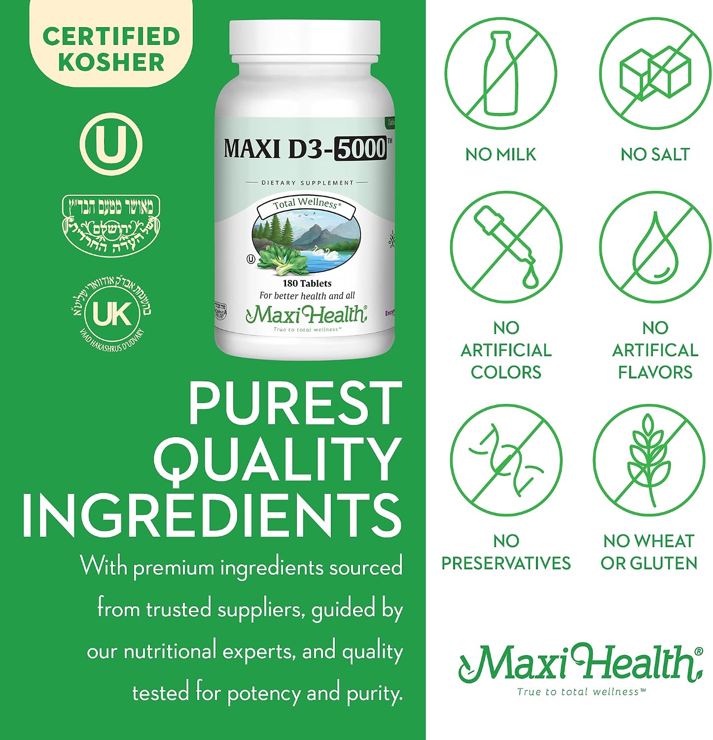 Vitamina D3 5000 UI (125 mcg) - Dosis Alta para Huesos, Dientes y Sistema Inmunológico - Suplemento Puro de Vitamina D3 - 180 Comprimidos