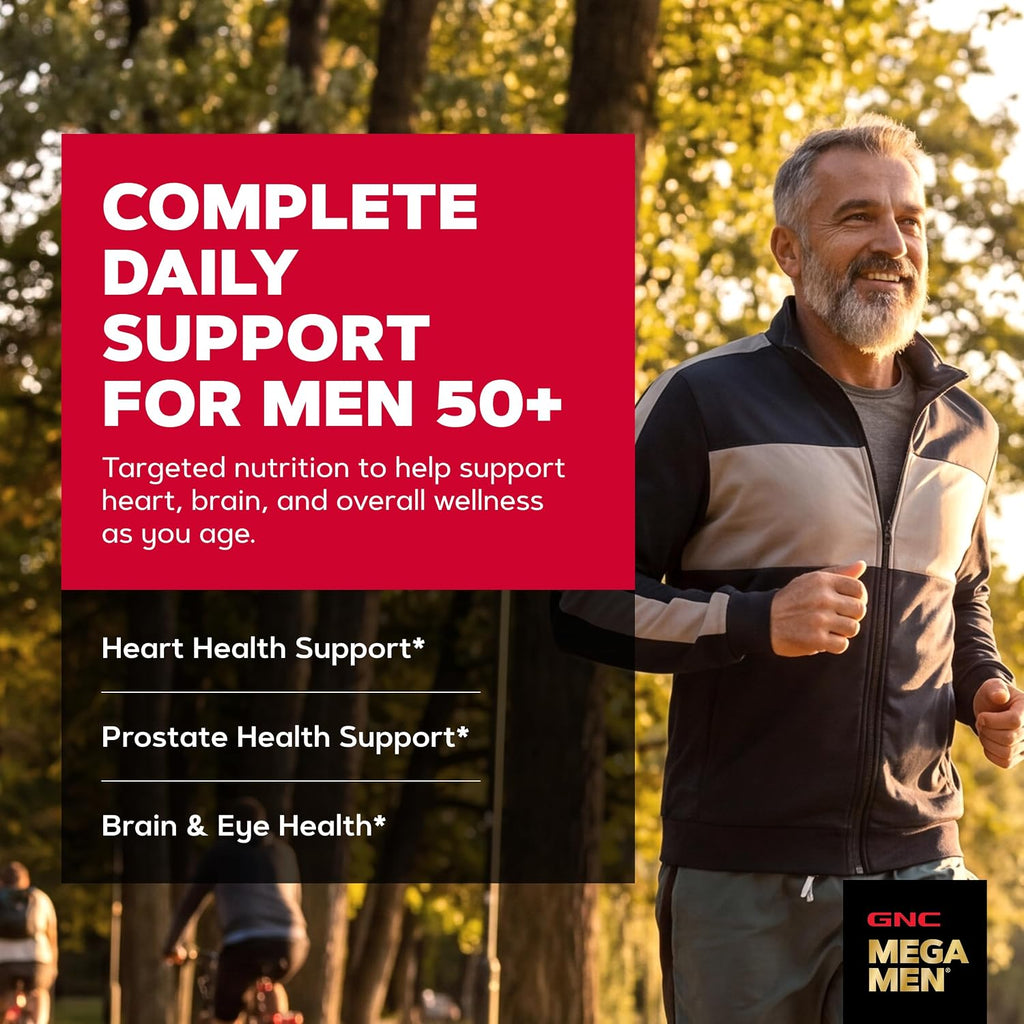 GNC Mega Men 50 Plus Multivitamínico para Hombres, Salud Cardíaca y Prostática, Vitaminas B, Saw Palmetto, Vitamina D-3, 60 Comprimidos