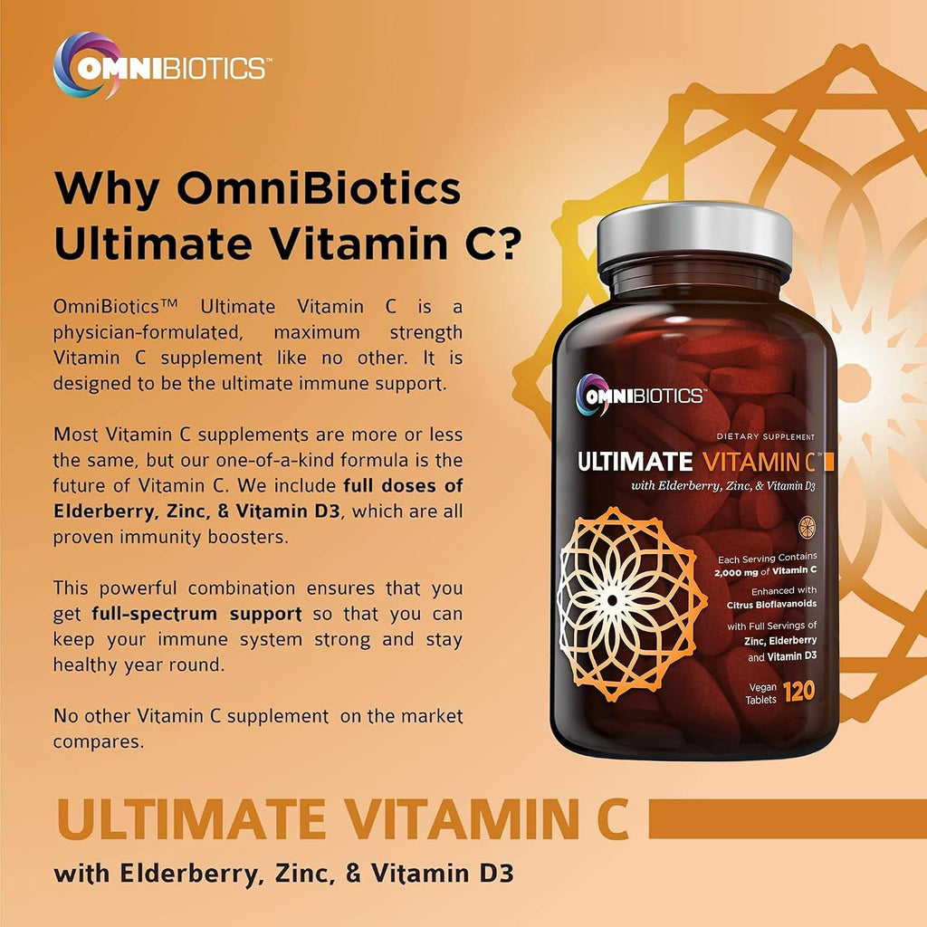 OmniBiotics Ultimate Vitamina C 2000 mg con Zinc, Saúco y D3 – 120 Comprimidos Veganos