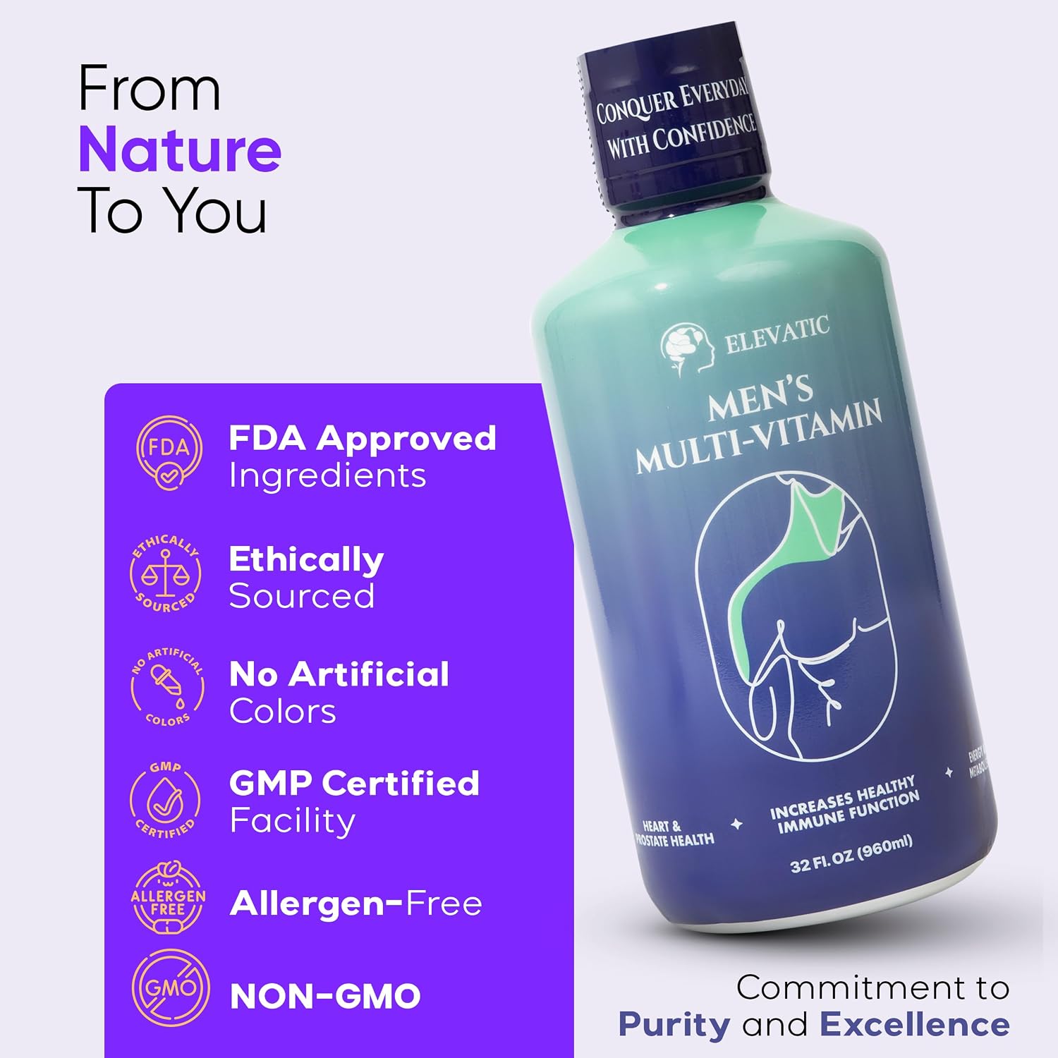 Multivitamínico para Hombre | 960ml (32 Fl.oz) | Sabor Superior | Natural | Energía Líquida | Elevatic
