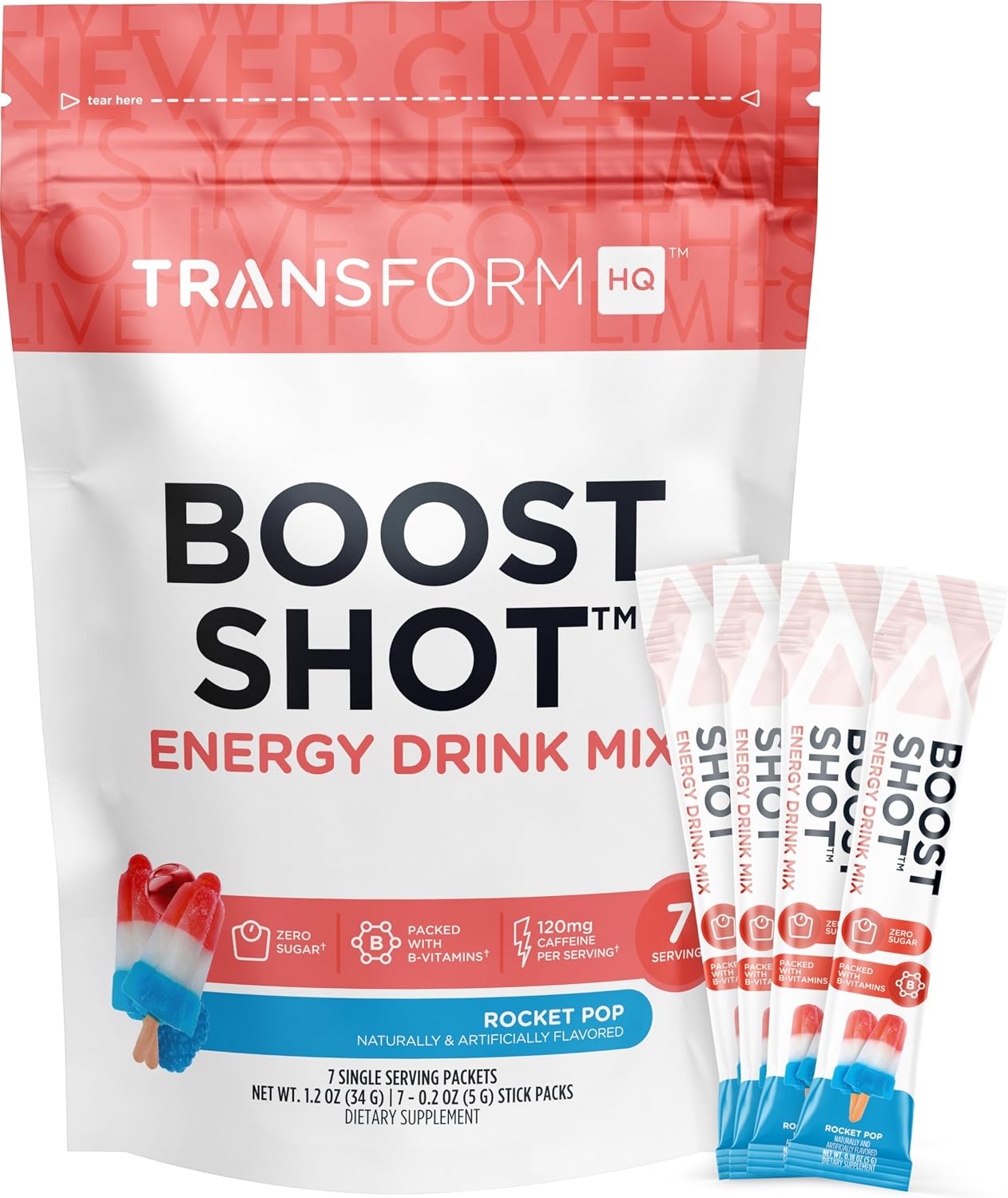 TransformHQ Boost Shot Sobres de Bebida en Polvo, Sabor Rocket Pop, 7 Sobres, Complemento Energético con Cafeína, Vitaminas B12, B9, B6 y B3