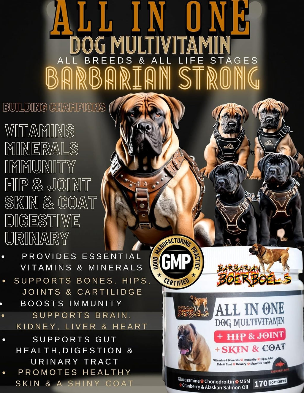Barbarian Boerboels Multivitamínico Todo en Uno para Perros – Articulaciones, Piel y Pelaje, 170 Comprimidos