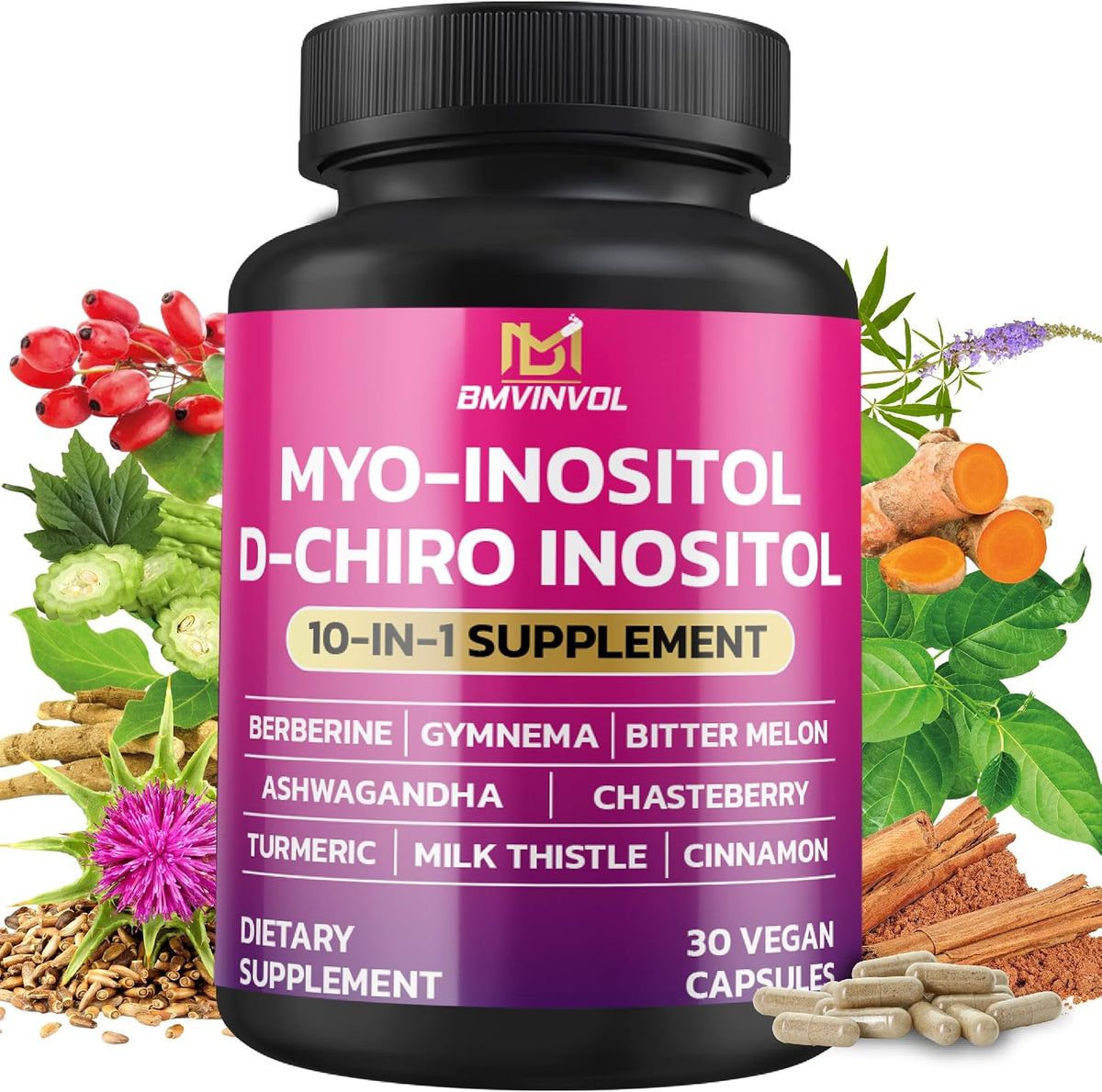 BMVINVOL Inositol Supplement - Myo-Inositol and D-Chiro Inositol Ideal 40:1 Ratio - Plus Berberine, Cinnamon, Ashwagandha + – Image 1