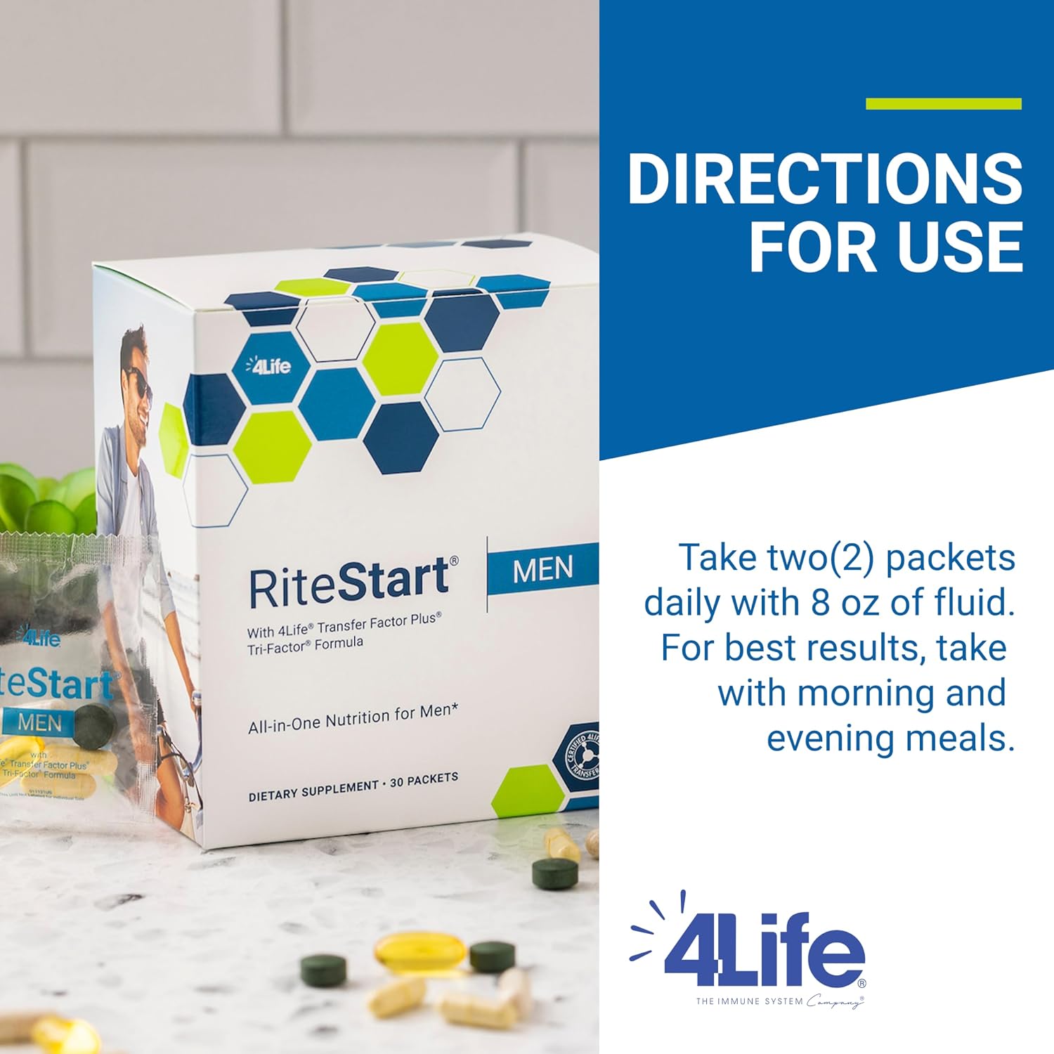 4Life RiteStart Hombre Multivitaminas con CoQ10 y Mezcla de Hongos, 30 Sobres