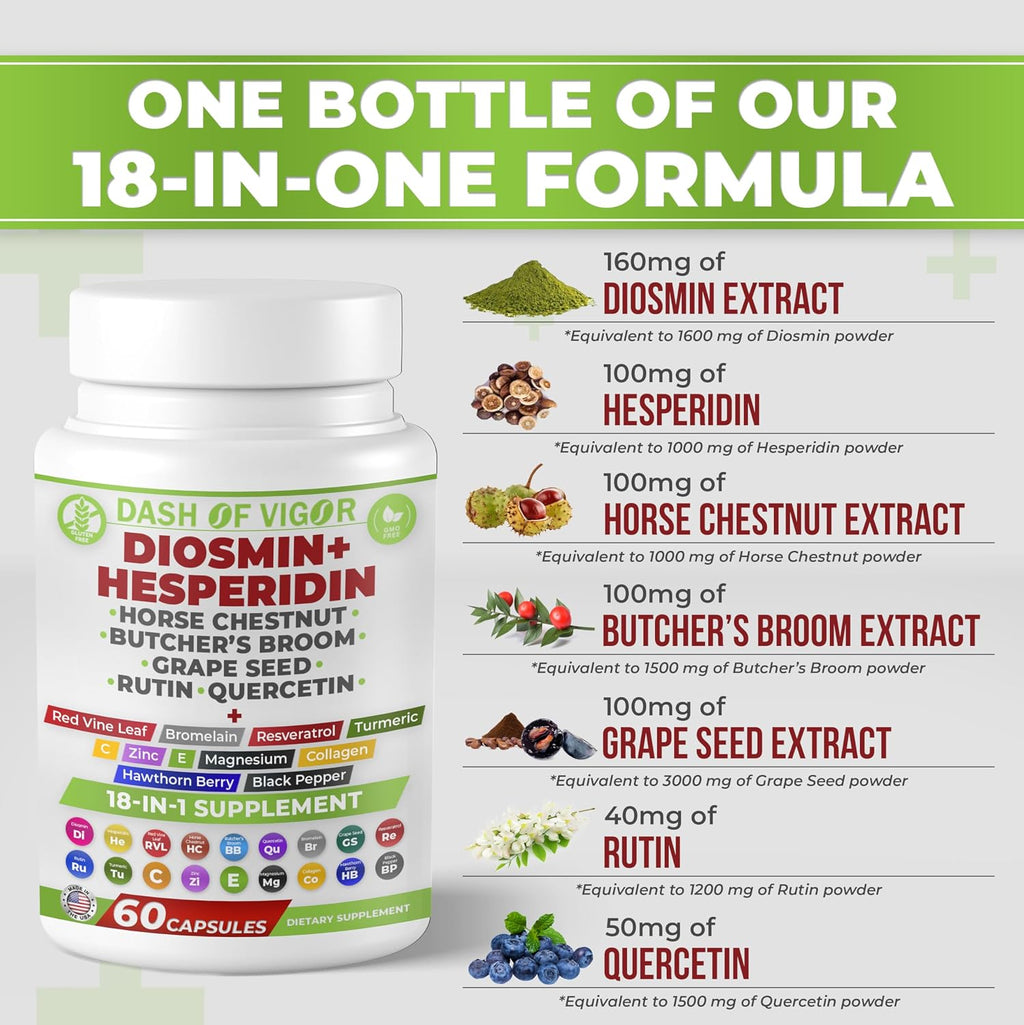Dash of Vigor 18-en-1 Suplemento de Diosmina y Hesperidina con Quercetina, Bromelina, Zinc, Vitamina C, Rutina, Castaño de Indias y Escoba de Carnicero, 60 Cápsulas