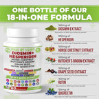 Dash of Vigor 18-en-1 Suplemento de Diosmina y Hesperidina con Quercetina, Bromelina, Zinc, Vitamina C, Rutina, Castaño de Indias y Escoba de Carnicero, 60 Cápsulas