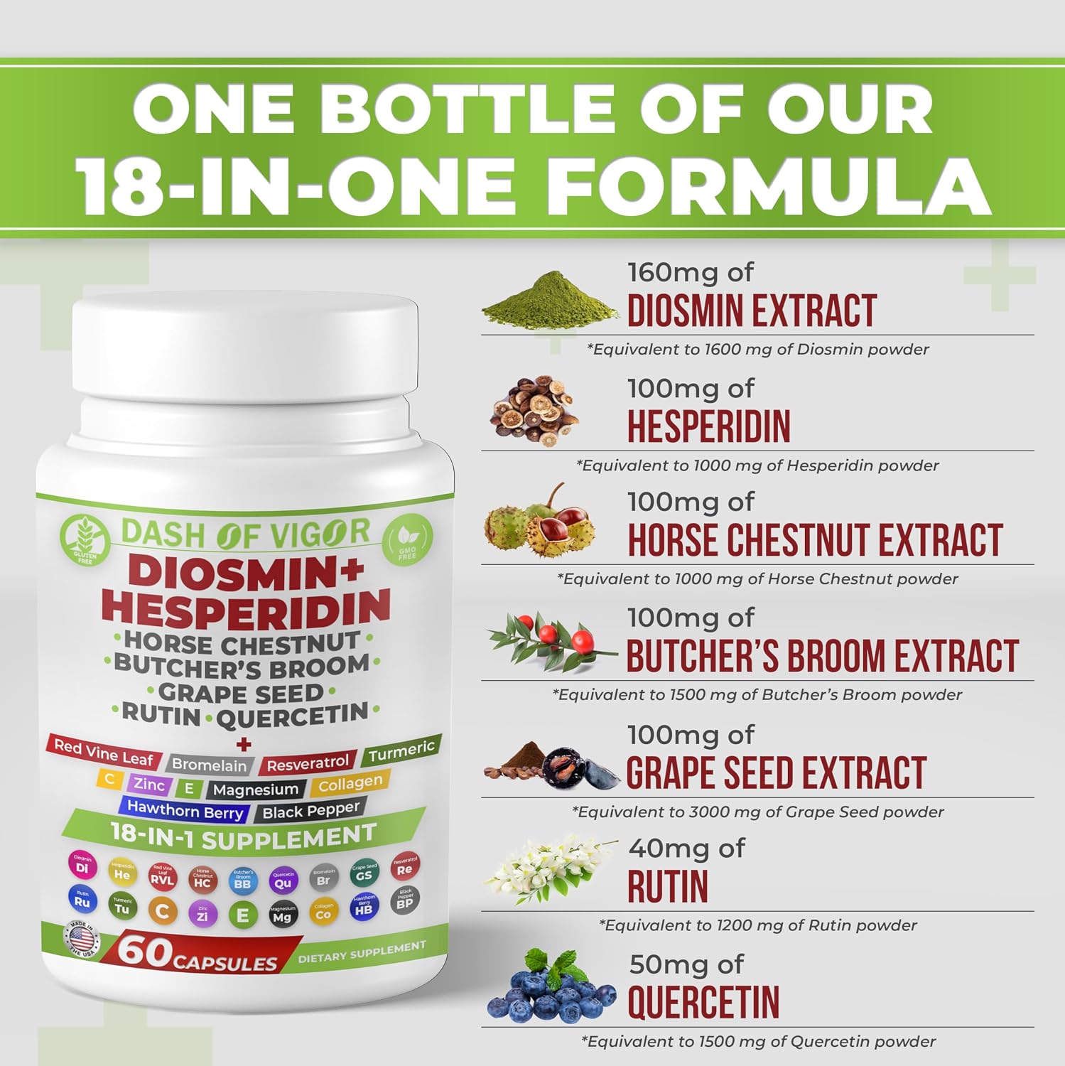 Dash of Vigor 18-en-1 Suplemento de Diosmina y Hesperidina con Quercetina, Bromelina, Zinc, Vitamina C, Rutina, Castaño de Indias y Escoba de Carnicero, 60 Cápsulas