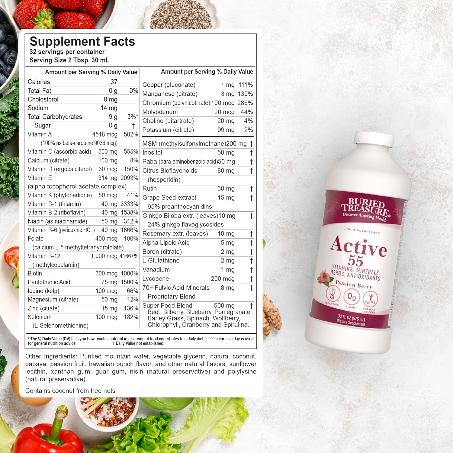 Buried Treasure Active 55 Plus - Multivitamínico Líquido para Mayores, 32 dosis, Vegano, Sin Azúcar
