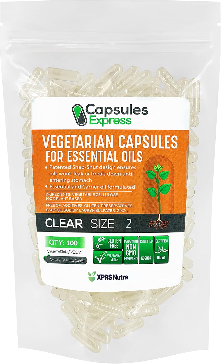 XPRS Nutra Cápsulas Veganas Vacías Tamaño 0 - 100 Unidades Transparentes para Aceites Esenciales