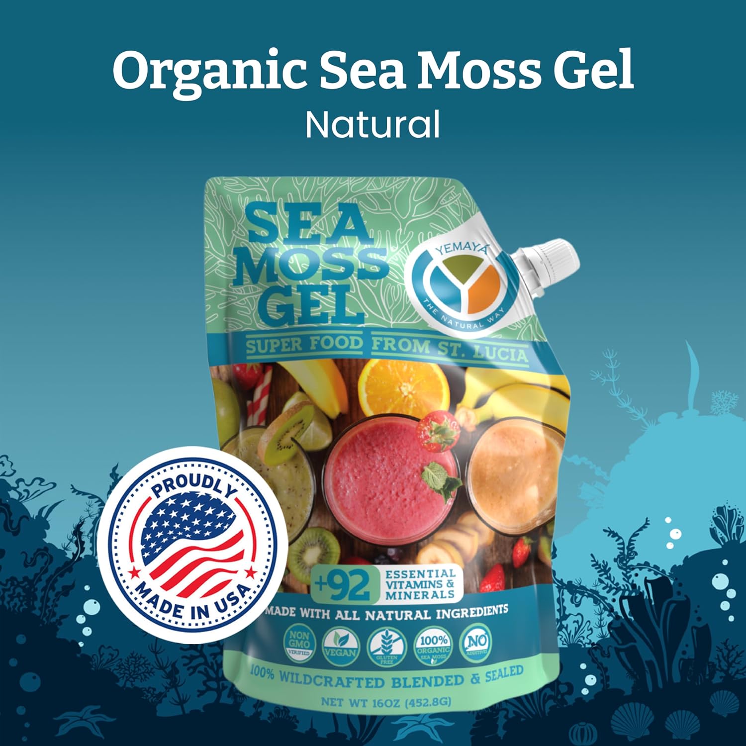 Yemayá Gel de Sea Moss Orgánico y Silvestre Sabor Natural - 473 ml