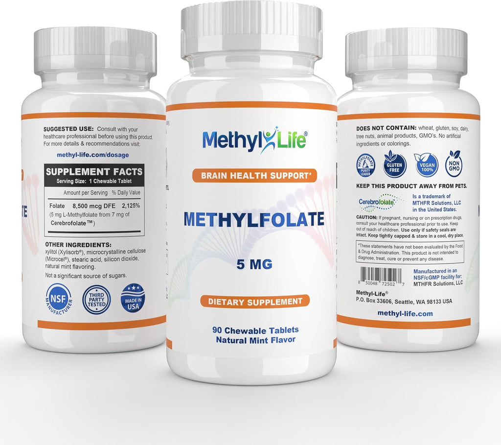 Methyl-Life L-Metilfolato 5 mg - Comprimidos Masticables de Folato Activo con Cerebrofolate® (L-5-MTHF) - 90 Comprimidos