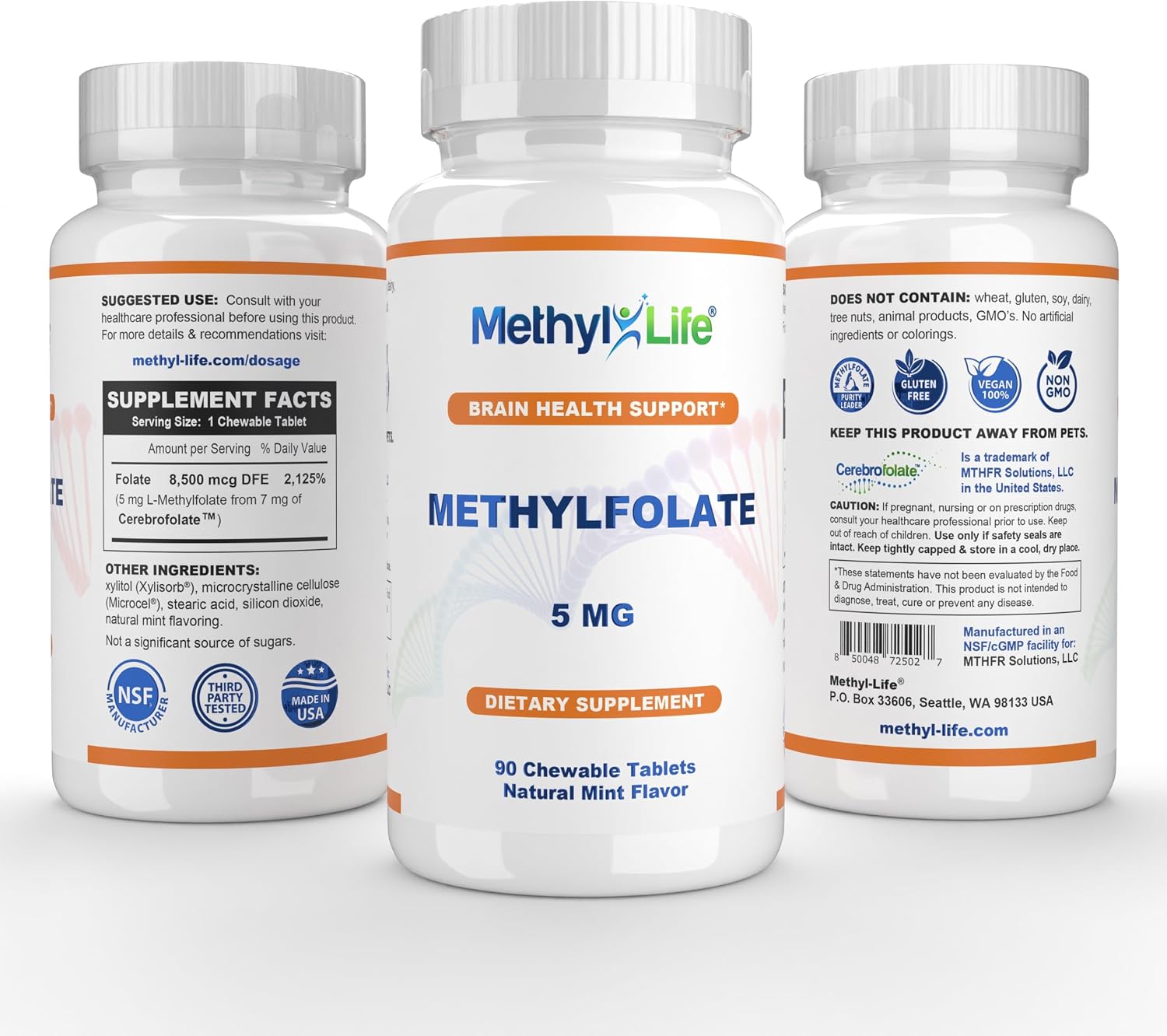 Methyl-Life L-Metilfolato 5 mg - Comprimidos Masticables de Folato Activo con Cerebrofolate® (L-5-MTHF) - 90 Comprimidos