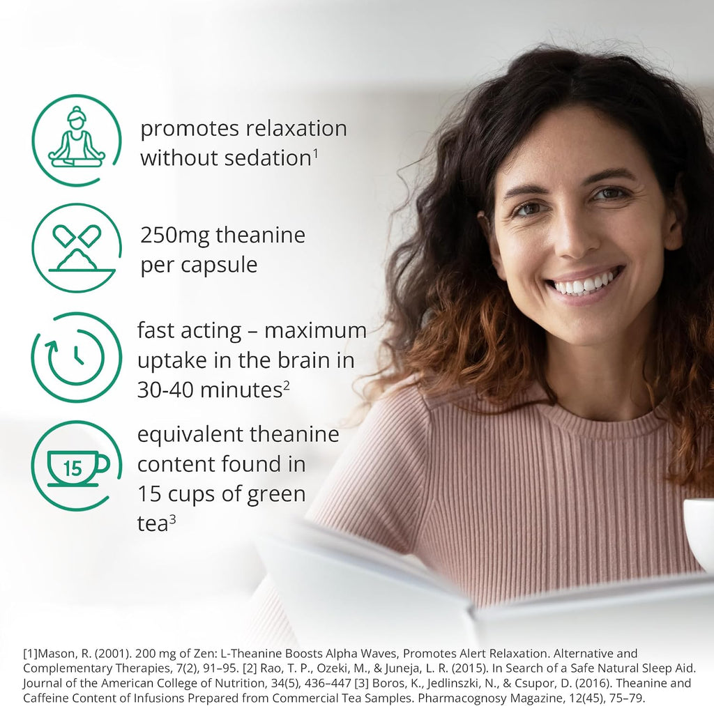 Pure L-theanine 250mg - 60 Cápsulas Veganas - Complemento Alimenticio para el Estrés y la Relajación