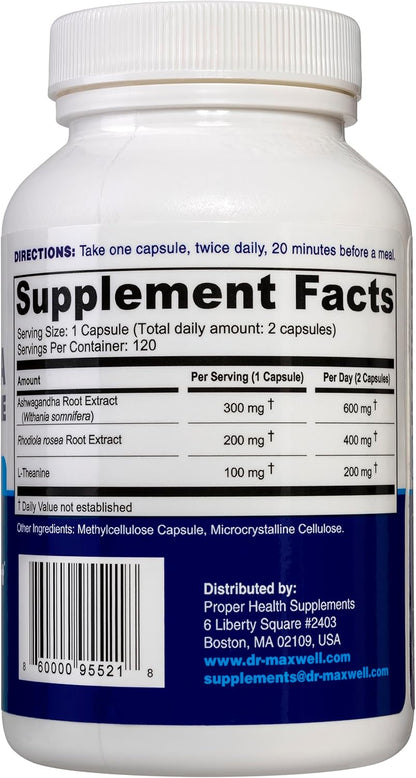 Cortisol Manager de Dr. Maxwell – Suplemento con Ashwagandha, Rhodiola y L-teanina, 120 Cápsulas – Image 2