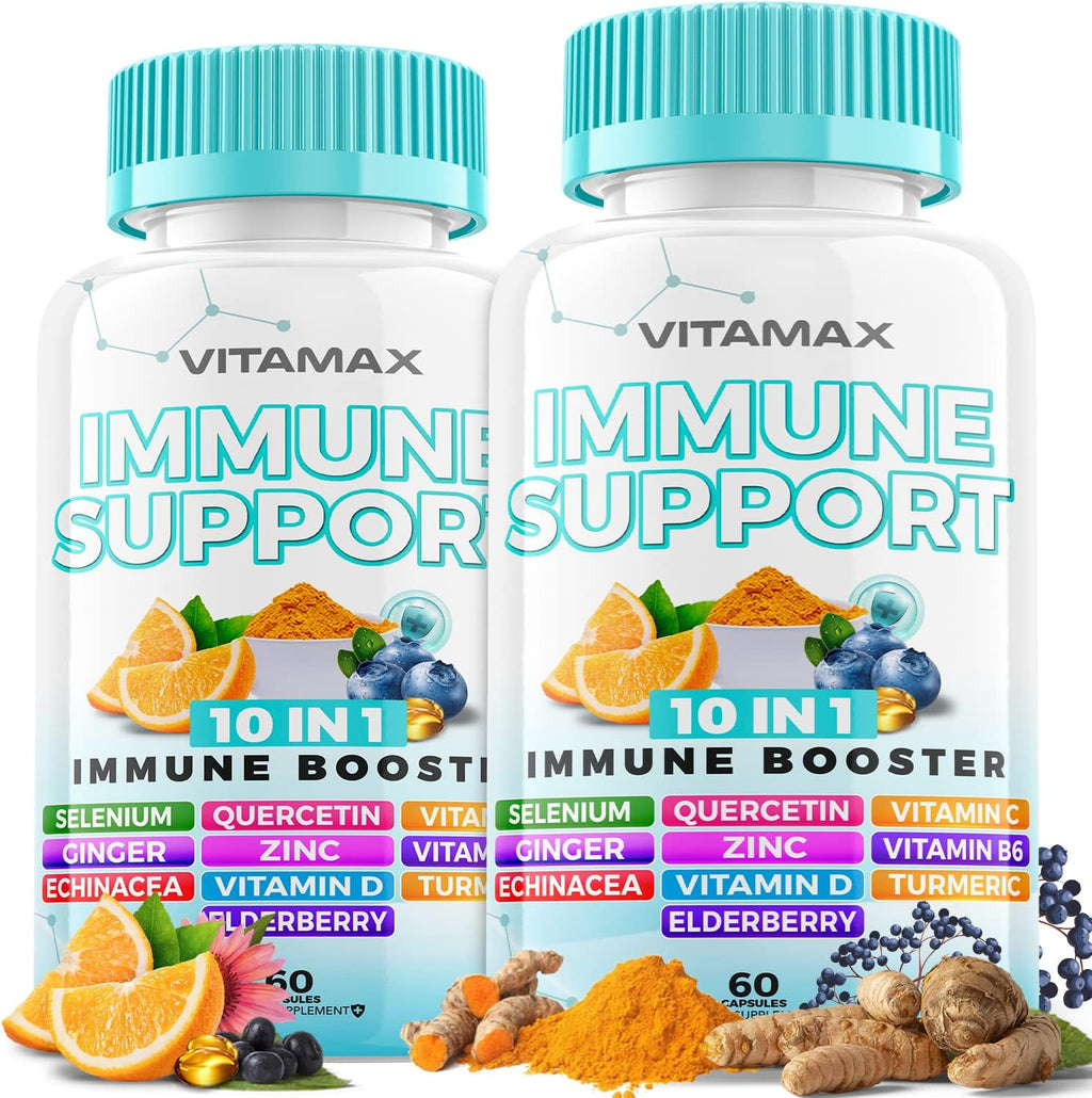 Vitamax 10-en-1 Defensa Inmunológica con Saúco, D3, Selenio, Quercetina, Zinc, Vitamina C, Jengibre, Cúrcuma, B6, Equinácea – 60 Cápsulas