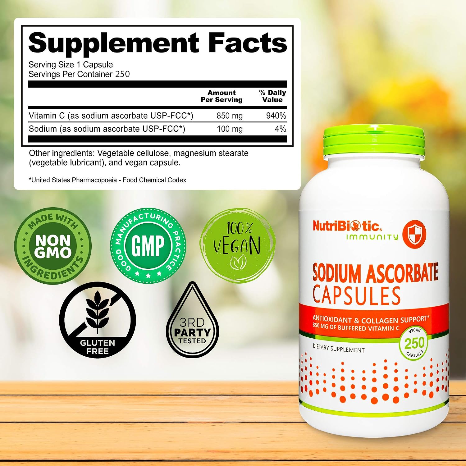 NutriBiotic Ascorbato Sódico Vitamina C Tamponada - 250 Cápsulas