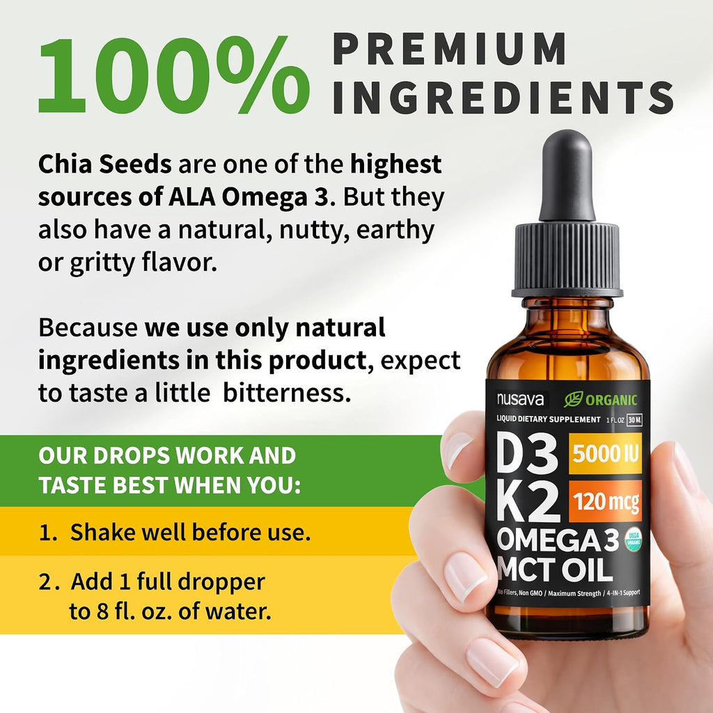 Organic Vitamin D3 K2 Drops con MCT Oil y Omega 3 - Gotas Líquidas de Vitamina D3 5000 UI - Suplemento de Vitamina K2 D3 - Sin Rellenos, No GMO (Pack de 2, 60 ml)