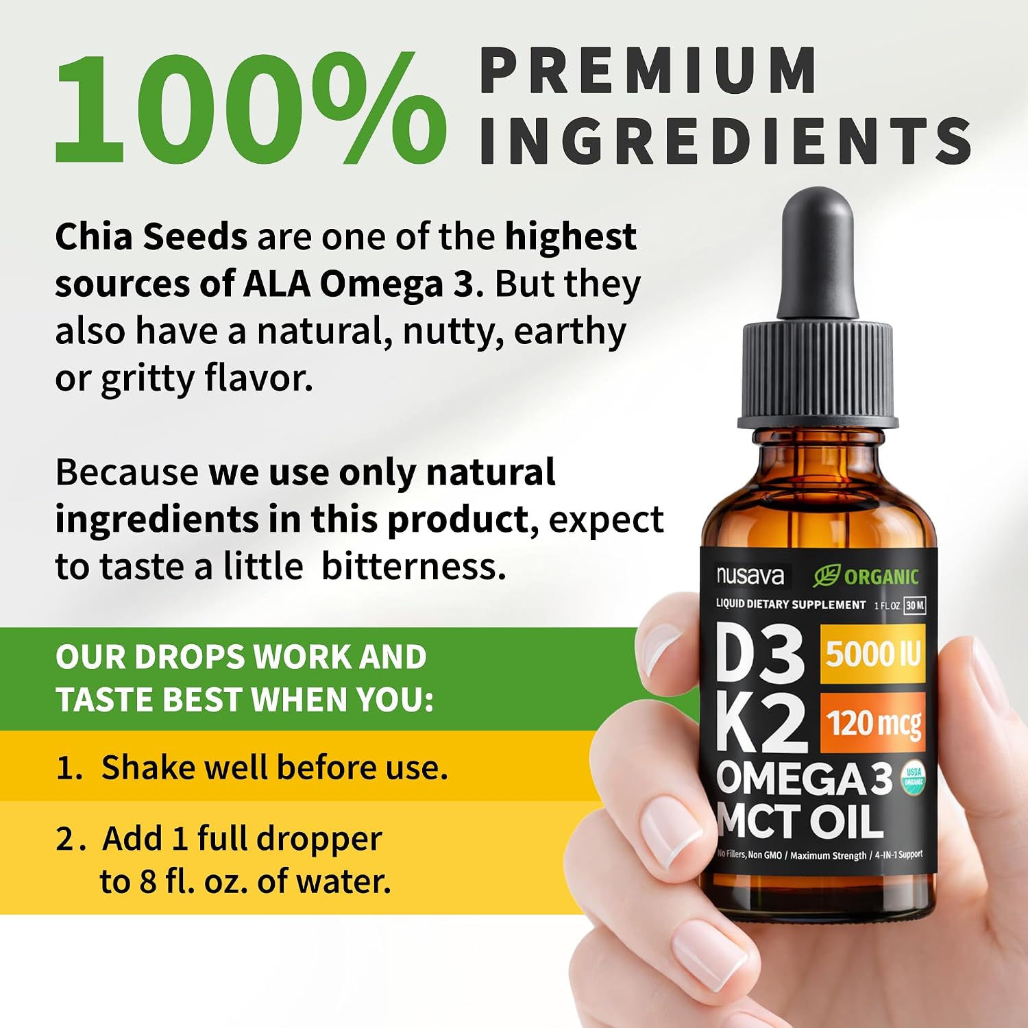Organic Vitamin D3 K2 Drops con MCT Oil y Omega 3 - Gotas Líquidas de Vitamina D3 5000 UI - Suplemento de Vitamina K2 D3 - Sin Rellenos, No GMO (Pack de 2, 60 ml)