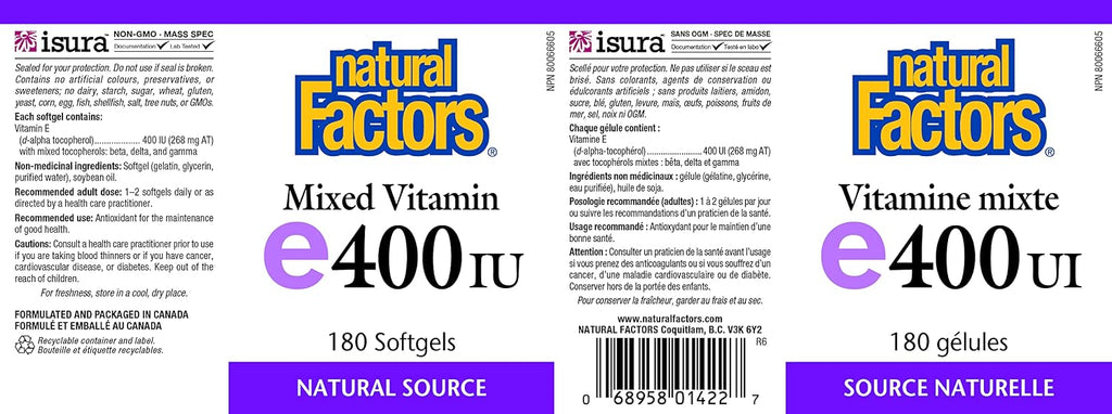 Natural Factors Mixed Vitamin E 400 IU, 180 Softgels