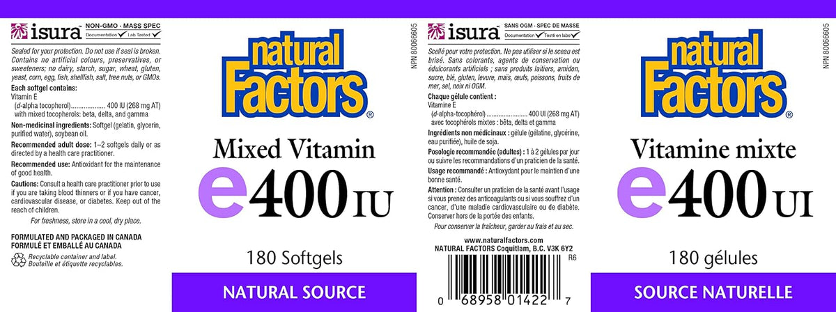 Natural Factors Vitamina E Mixta 400 UI, 180 Cápsulas Blandas – Image 2