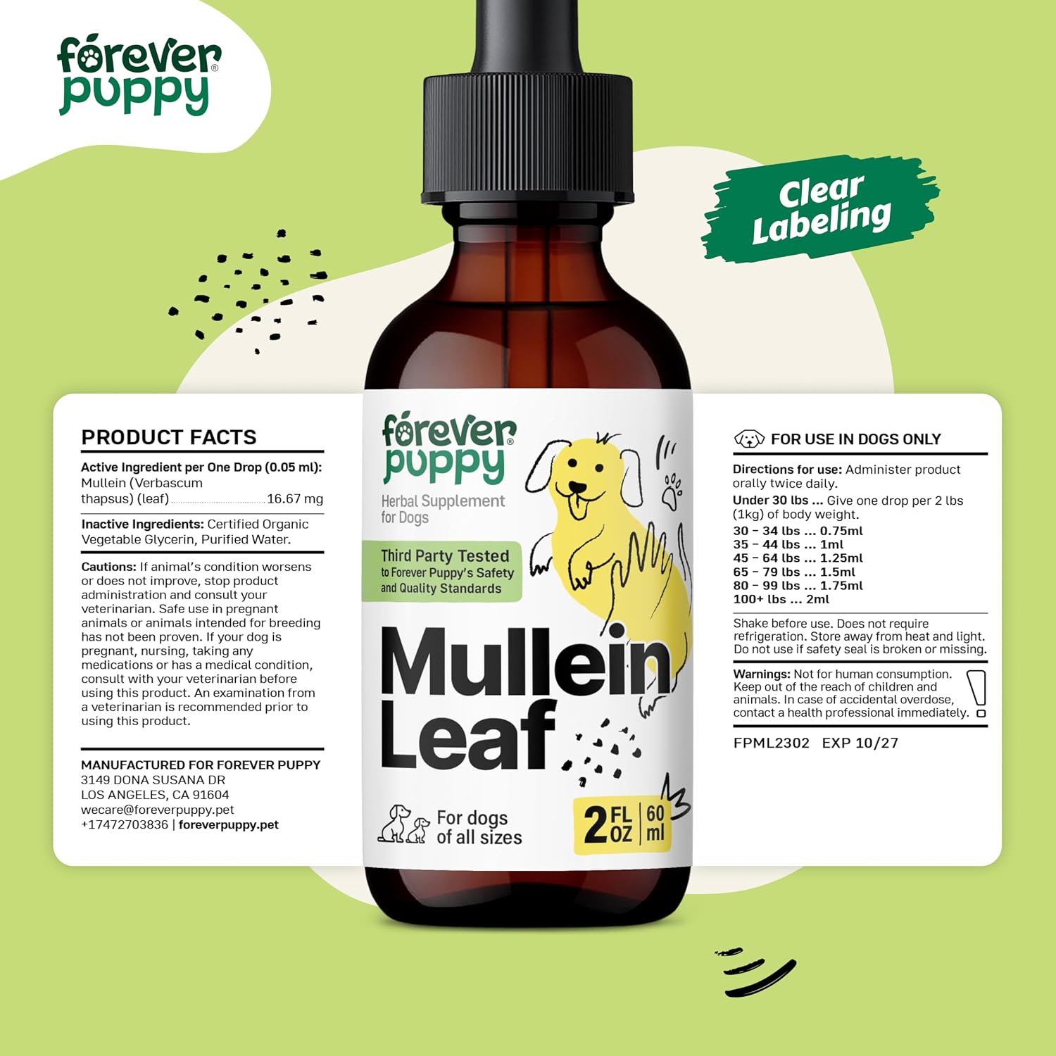 Forever Puppy Mullein Tincture for Dogs - Apoyo Respiratorio Natural - Extracto de Gordolobo para Pulmones - Sin Azúcar ni Alcohol - 60 ml