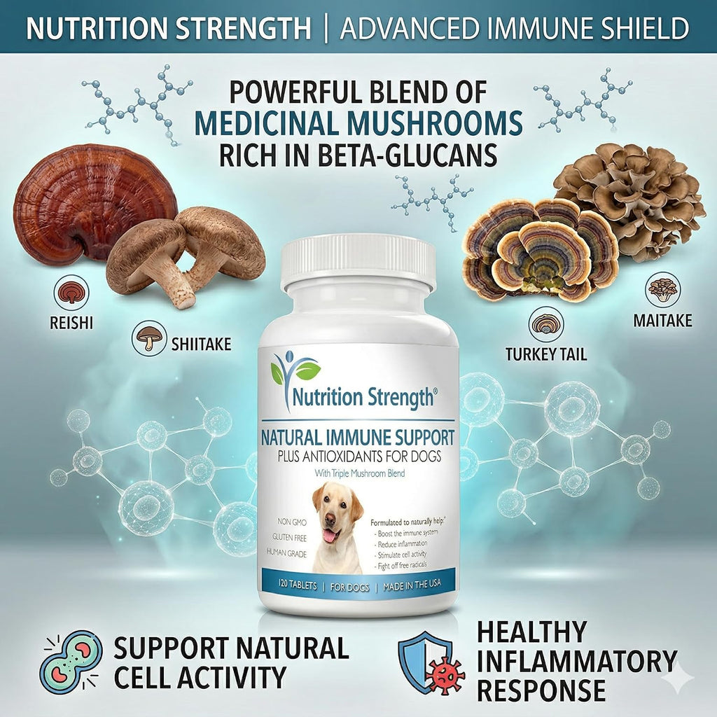 Nutrition Strength Immune Support for Dogs - Turkey Tail, Reishi, Shiitake, Maitake Mushroom Complex - Senior Dog Health - 120 Chewable Tablets