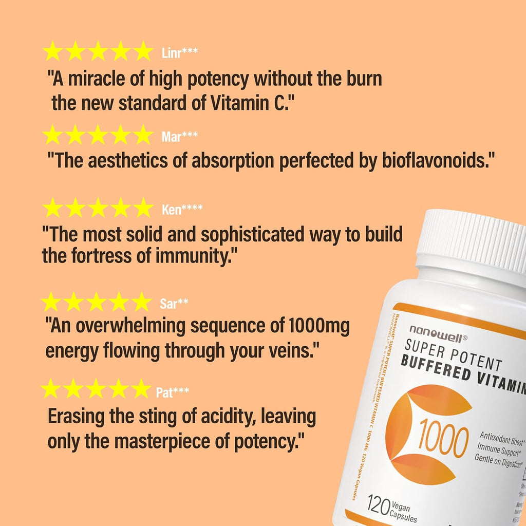NANOWELL Vitamina C Tamponada 1000 mg con Bioflavonoides - Apoyo Inmunológico y Antioxidante - 180 Cápsulas