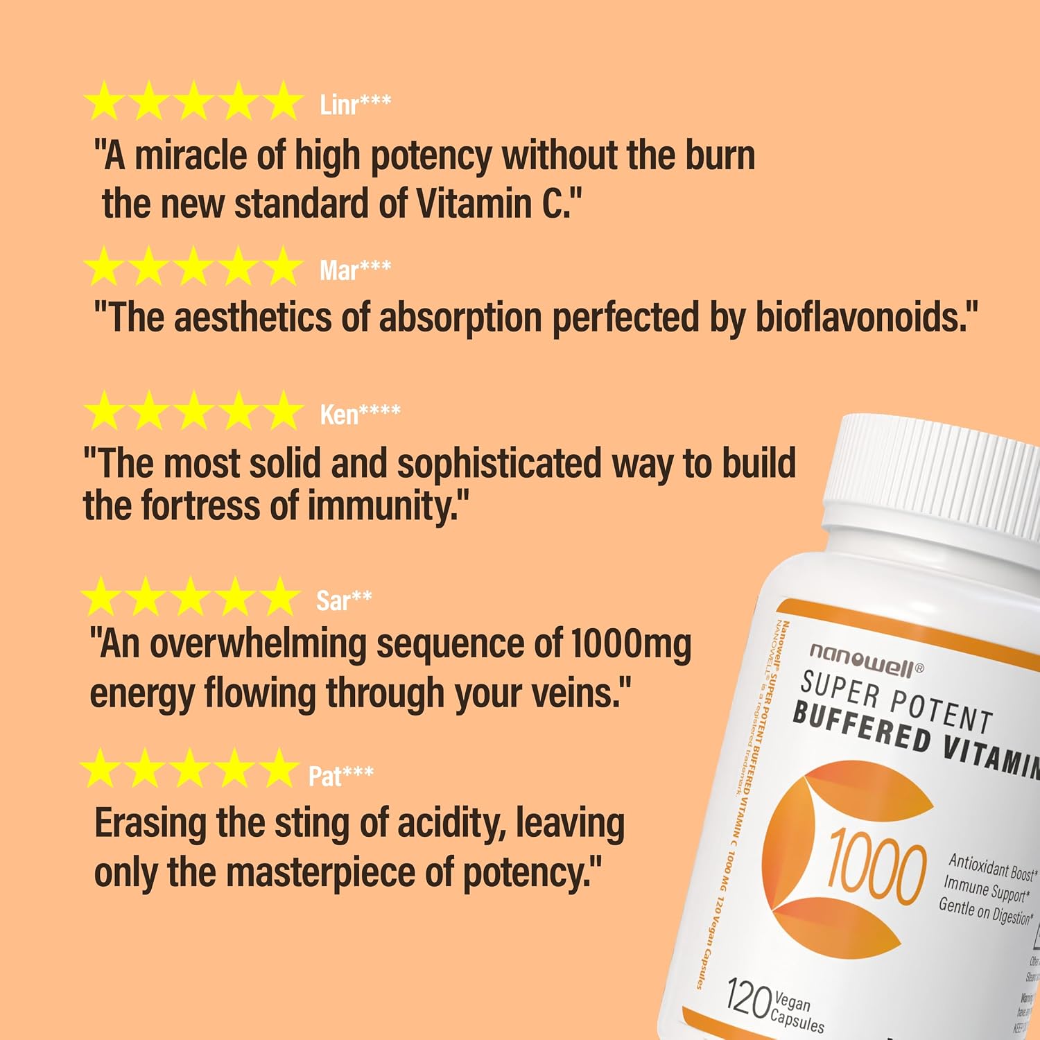 NANOWELL Vitamina C Tamponada 1000 mg con Bioflavonoides - Apoyo Inmunológico y Antioxidante - 180 Cápsulas