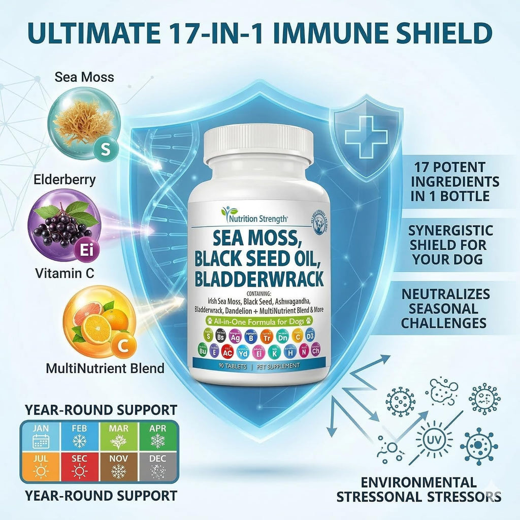 Nutrition Strength Sea Moss para Perros - 17-en-1 Apoyo Inmunidad, Piel y Pelaje con Aceite de Semilla Negra, Ashwagandha y Cúrcuma - 90 Comprimidos Masticables