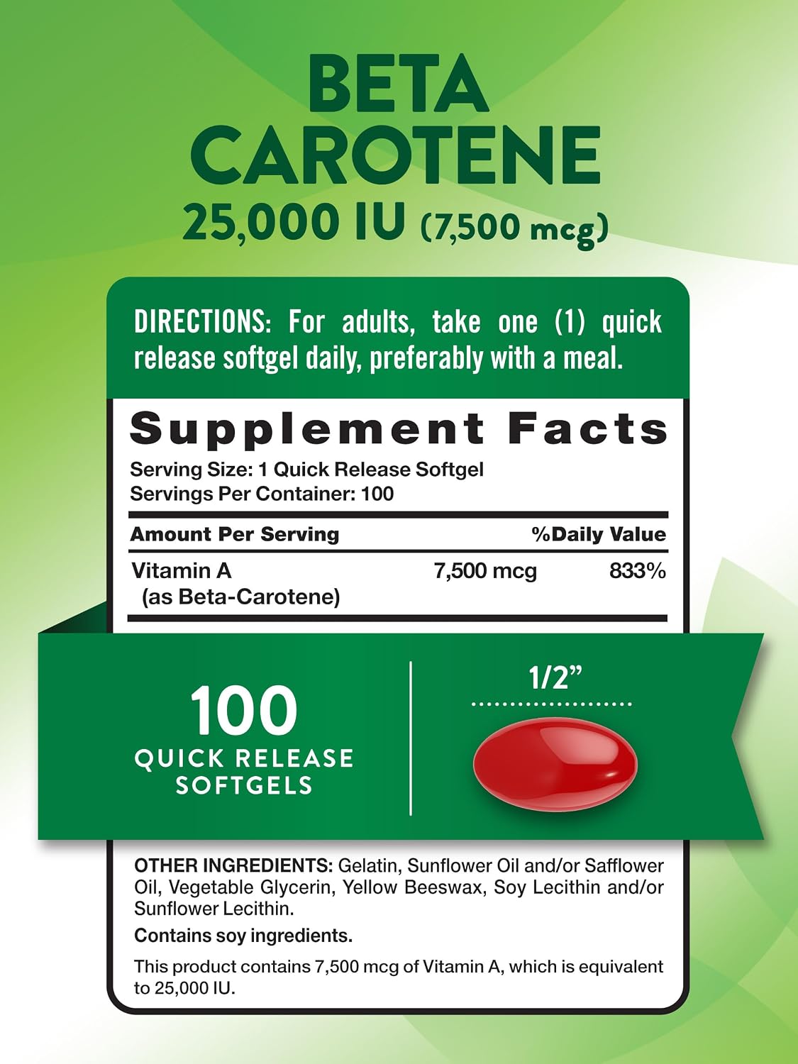 Nature's Truth Betacaroteno 25000 UI Cápsulas Blandas - 100 Unidades - Complemento de Vitamina A - Sin OMG y Sin Gluten